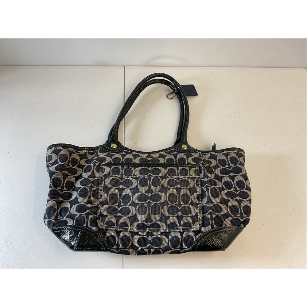 Vtg Coach black Navy canvas patent leather tote shop beach  travel shoulder bag‎ - Picture 2 of 12